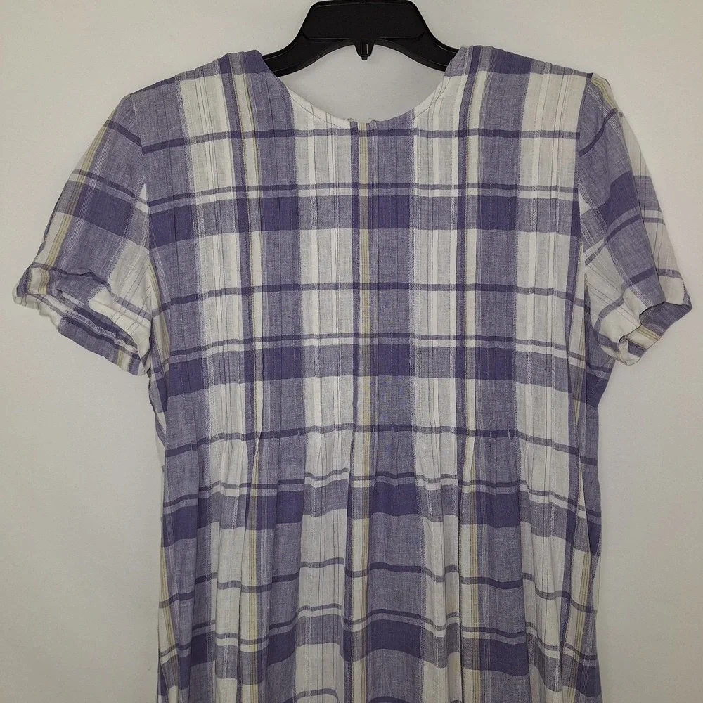 Vintage 90s Periwinkle White Plaid Linen Blend Dress 12 VTG Midi Cottagecore - Picture 3 of 16